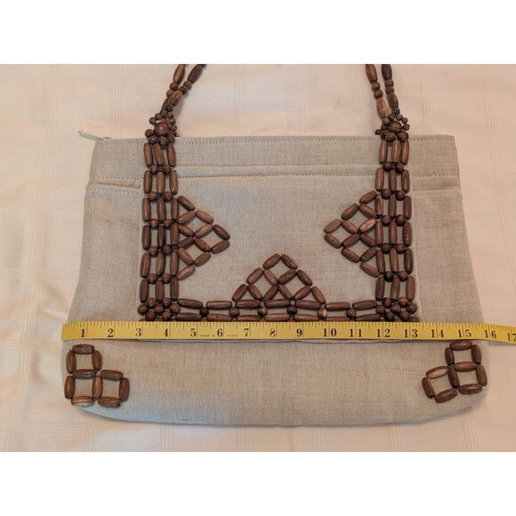 Vntg Fine Arts Bag Co Beige Linen & Wood Bead Purse Tote Zips Close Dual Handles - Picture 10 of 13
